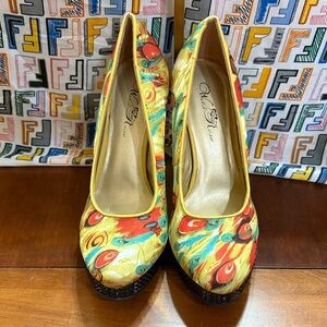 Wild Rose Yellow Floral Peacock-Print Peep-Toe Heels